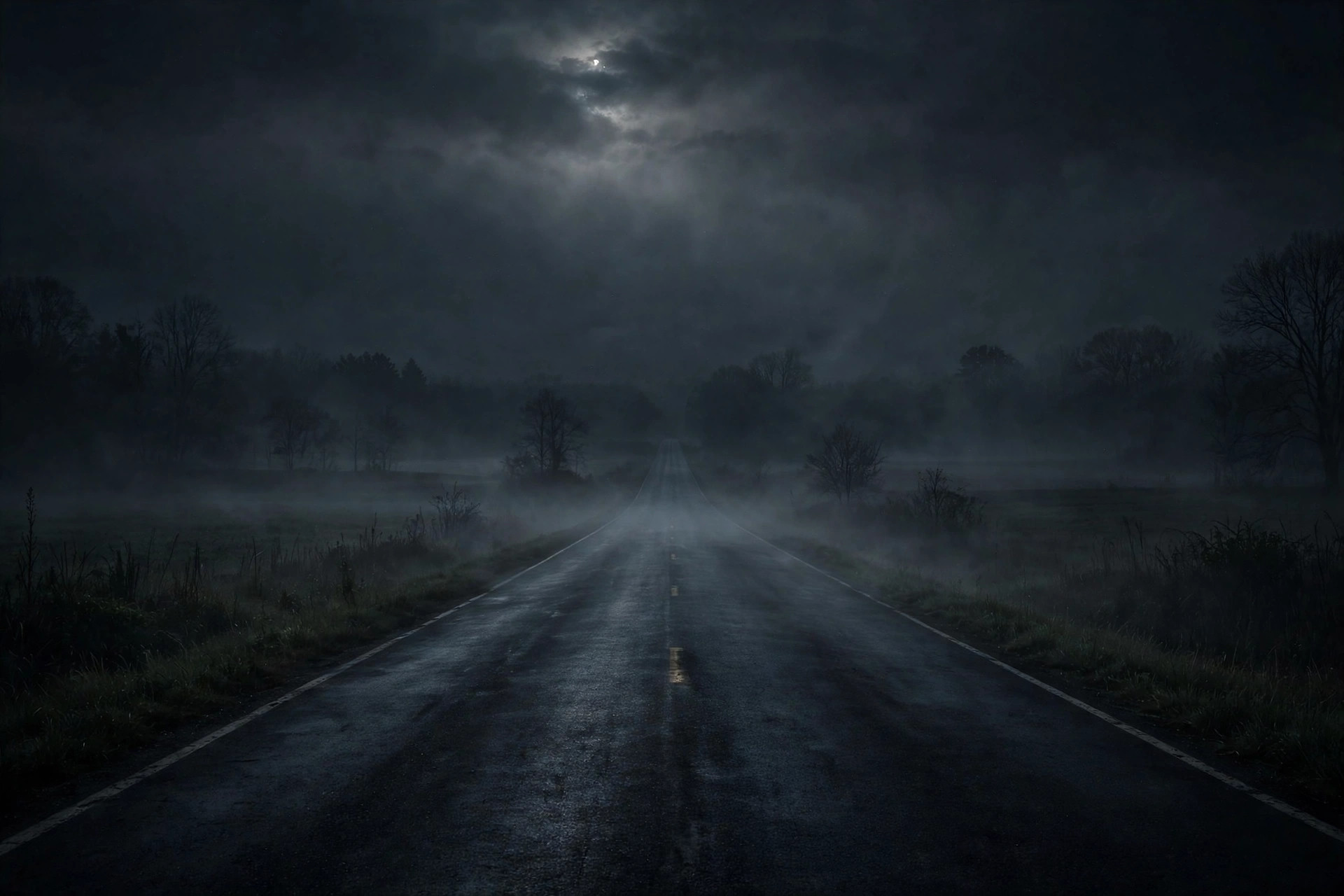 Empty rural highway at night disappearing into fog